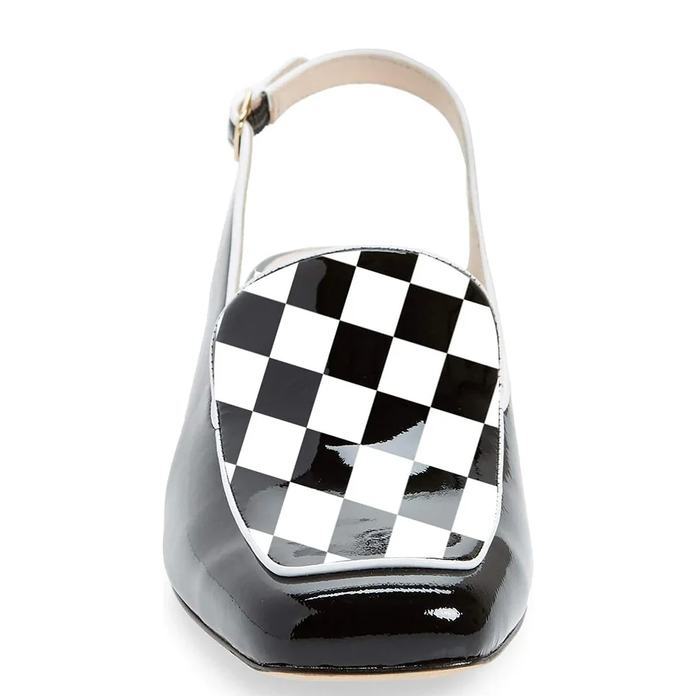 Classic Black & White Checkered Patent Leather Slingback Loafer Heels