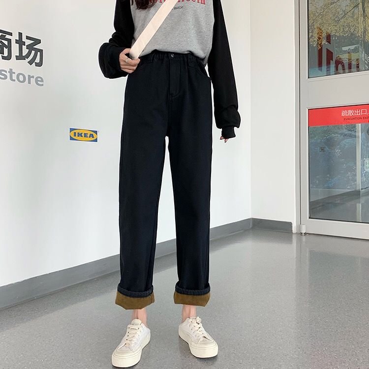 Jeans Women Plus Velvet Thicker Winter Harajuku Ladies Cargo Trousers Stylish Streetwear High Fashion Waisted Simple New Style