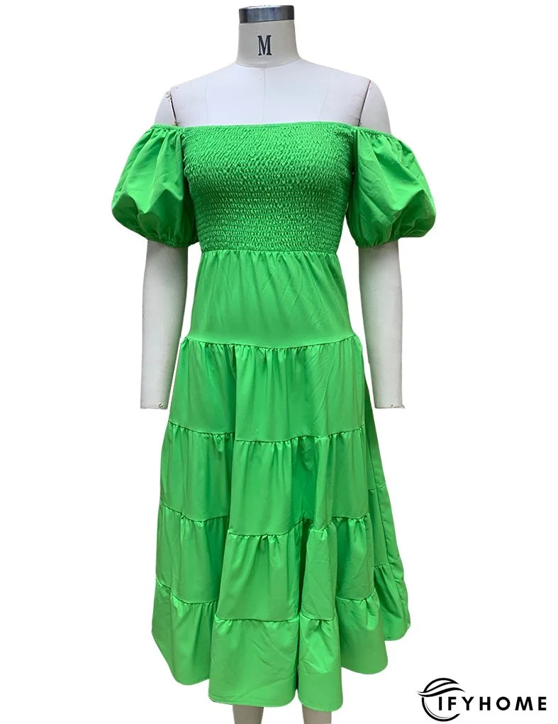 Summer Women's Fashion Loose Off Shoulder Puff Sleeve A-Line Midi Dress | IFYHOME