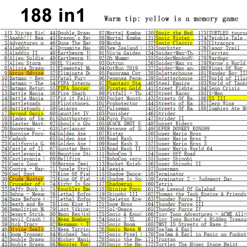 16 Bit Game Cartridge - 188 IN 1 Classic Collection Genesis/MEGA DRIVE Remix Mulit Cart - Region Free