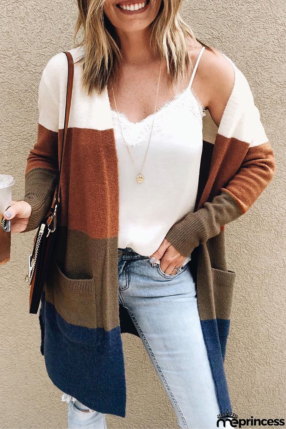 Colorblock Longline Cardigan with Pocket