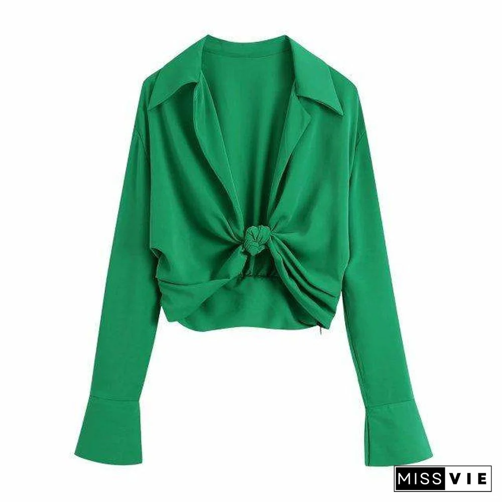 Zevity Women Fashion Turn Down Collar Knotted Green Color Short Smock Blouse Female Long Sleeve Slim Shirt Chic Crop Tops LS9465