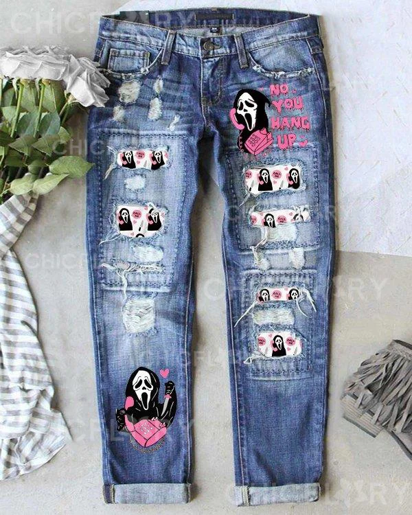 No You Hang Up Ghostface Halloween Print Loose Casual Pants