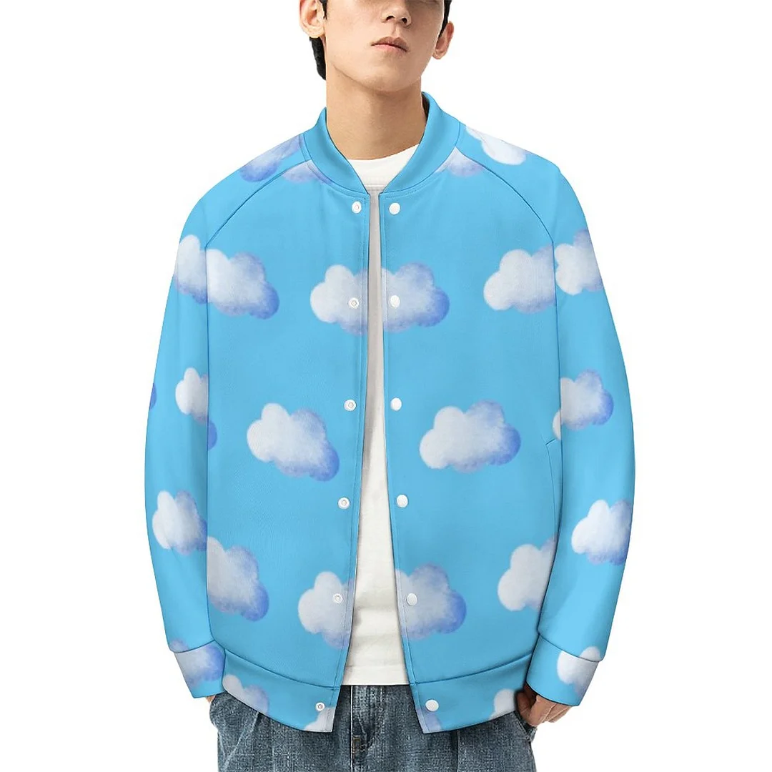 Cool Blue Sky White Pillow Clouds Girls lady Women Single Breasted Bomber Jacket Men Stand Collar Varsity Coat Outfit