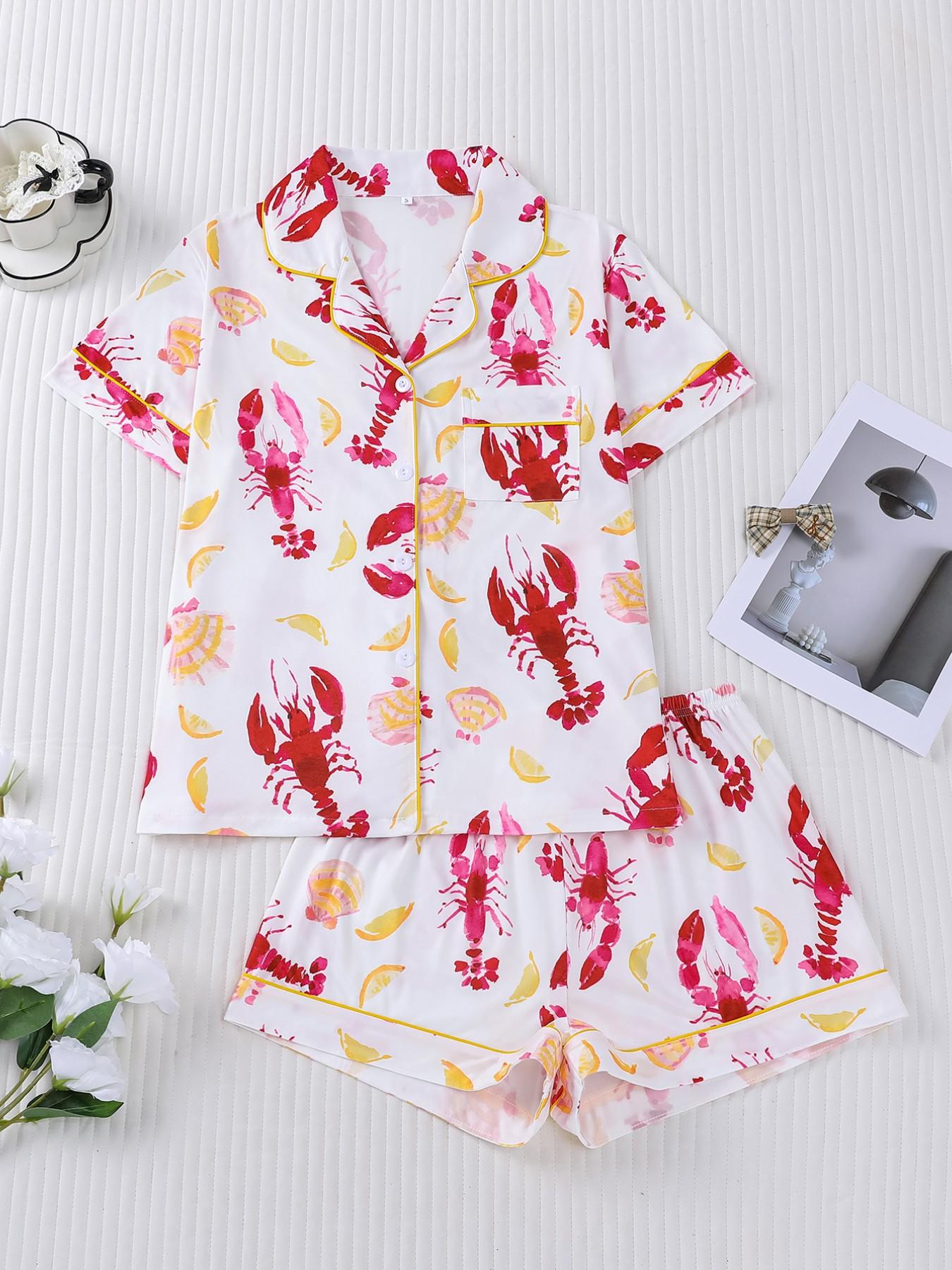 Women's Sleepwear Set, Short Sleeve Lapel Button Soft Top & Elastic Shorts, Casual Home Wear, Comfortable Daily, Pajama Set, Loungewear, Homewear, Womenswear, Lady, Pjs