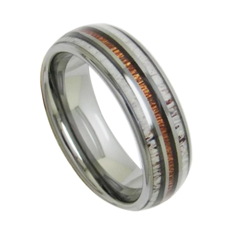 Sliver Tungsten Rings With Full Arc Polished With Deer Antler On Both Sides And Mahogany In The Middle Wedding Bands