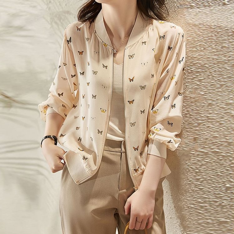 Beige Printed Long Sleeve Shift Casual Outerwear QueenFunky