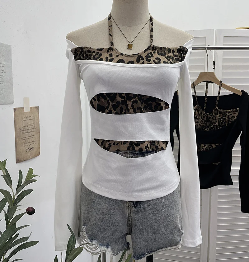 Nigikala Nigikala Shooting With Hanging Neck Leopard Print Splicing Two Long-Sleeved Tops A Short Shoulder Bottom T-Shirt 28787