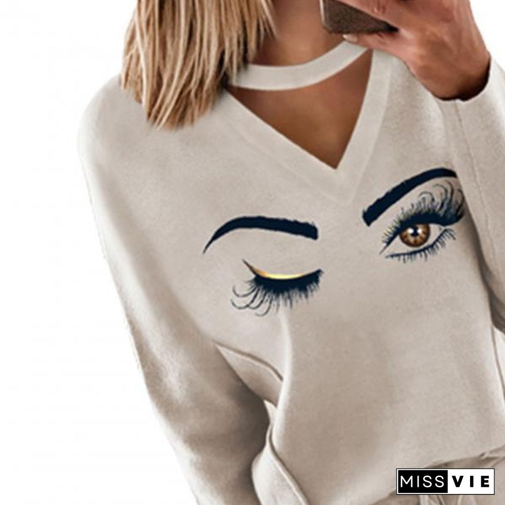 Tracksuit Set Hollow Out Skin-Friendly Eyes Print Women Outfit For Office