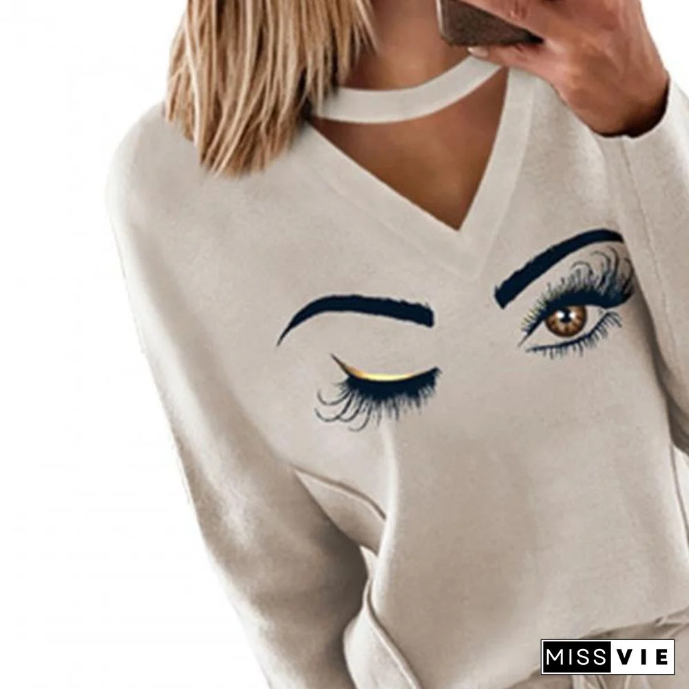 Tracksuit Set Hollow Out Skin-Friendly Eyes Print Women Outfit For Office