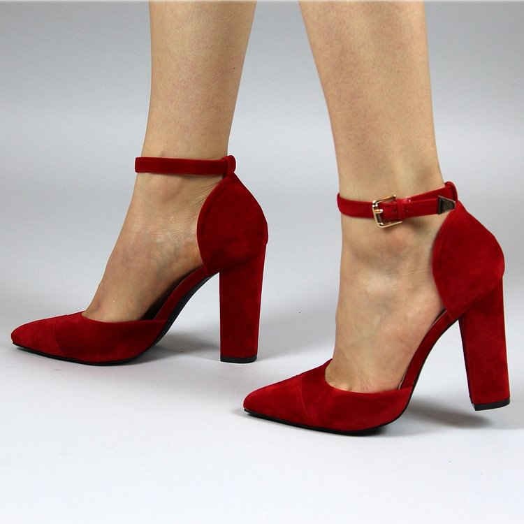 Women's Red Ankle Strap Heels Chunky Heel Pumps |FSJ Shoes