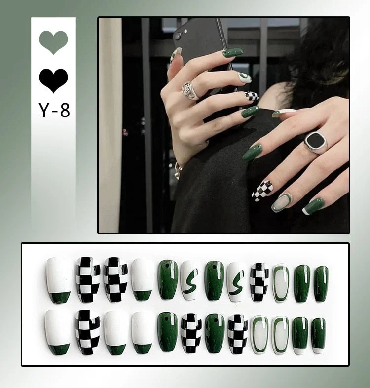 24Pcs/Set French Rhombus Designs False Nail Full Cover Fake Nails with Glue Detachable Wearable DIY Manicure Nail Art Tools-Nail Inspo