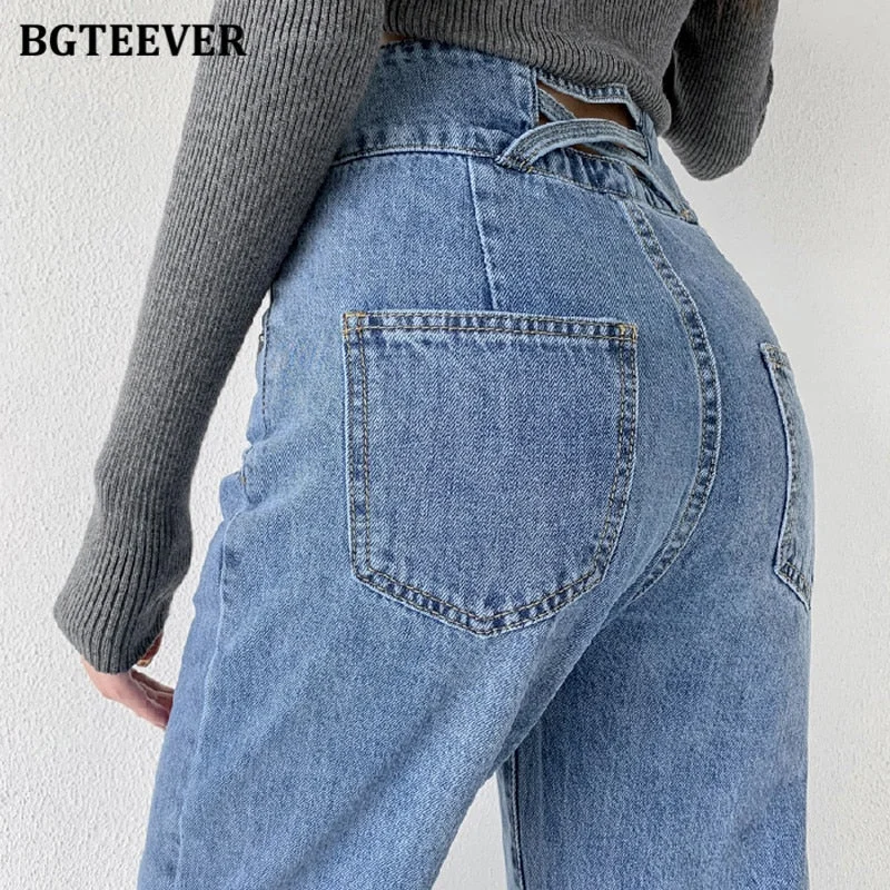 BGTEEVER Vintage Loose Double Button Female Denim Trousers 2022 Spring High Waist Straight Women Jeans Pants