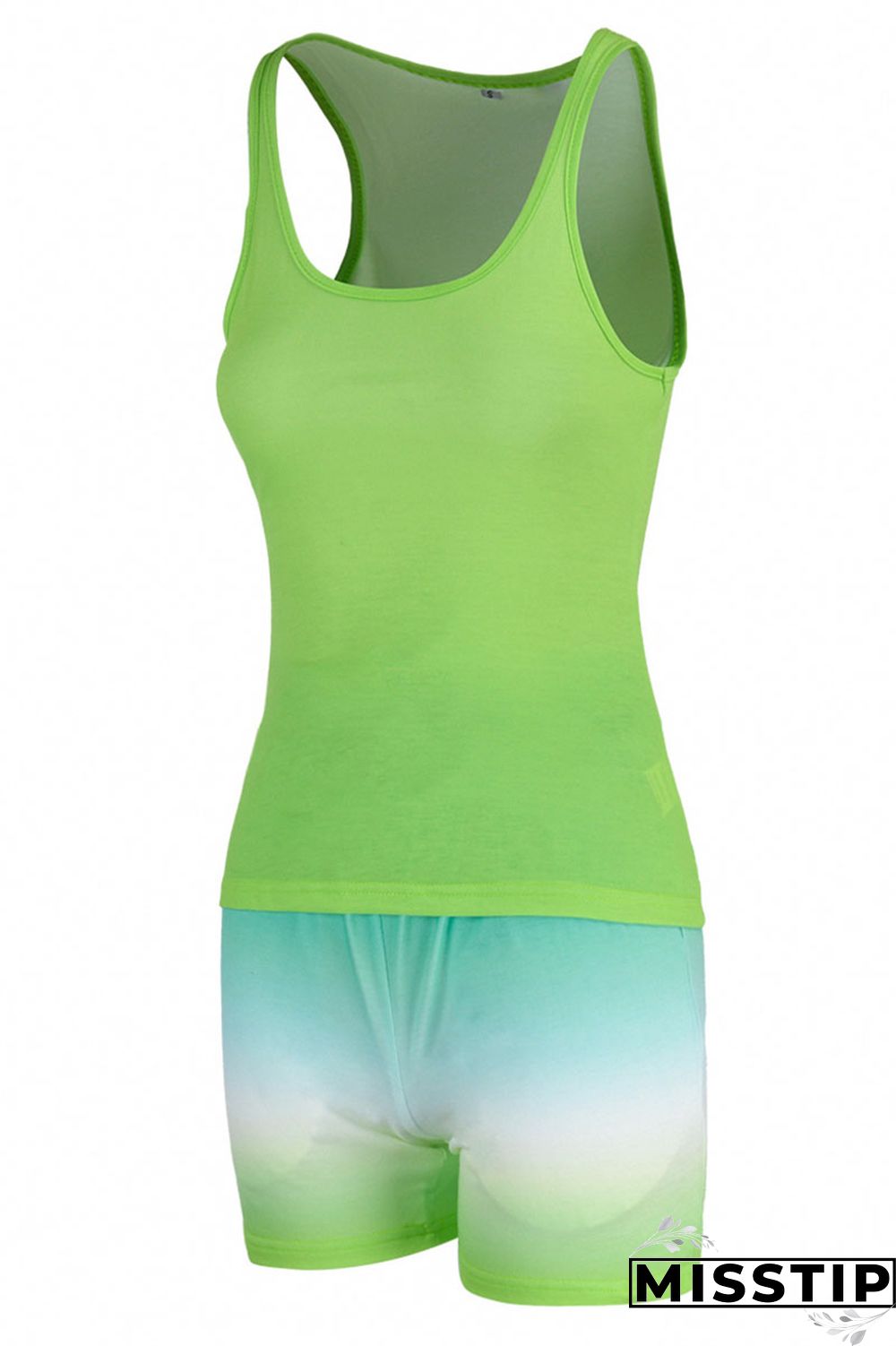 Fluorescent Green Casual Gradual Change Print Patchwork U Neck Sleeveless Two Pieces