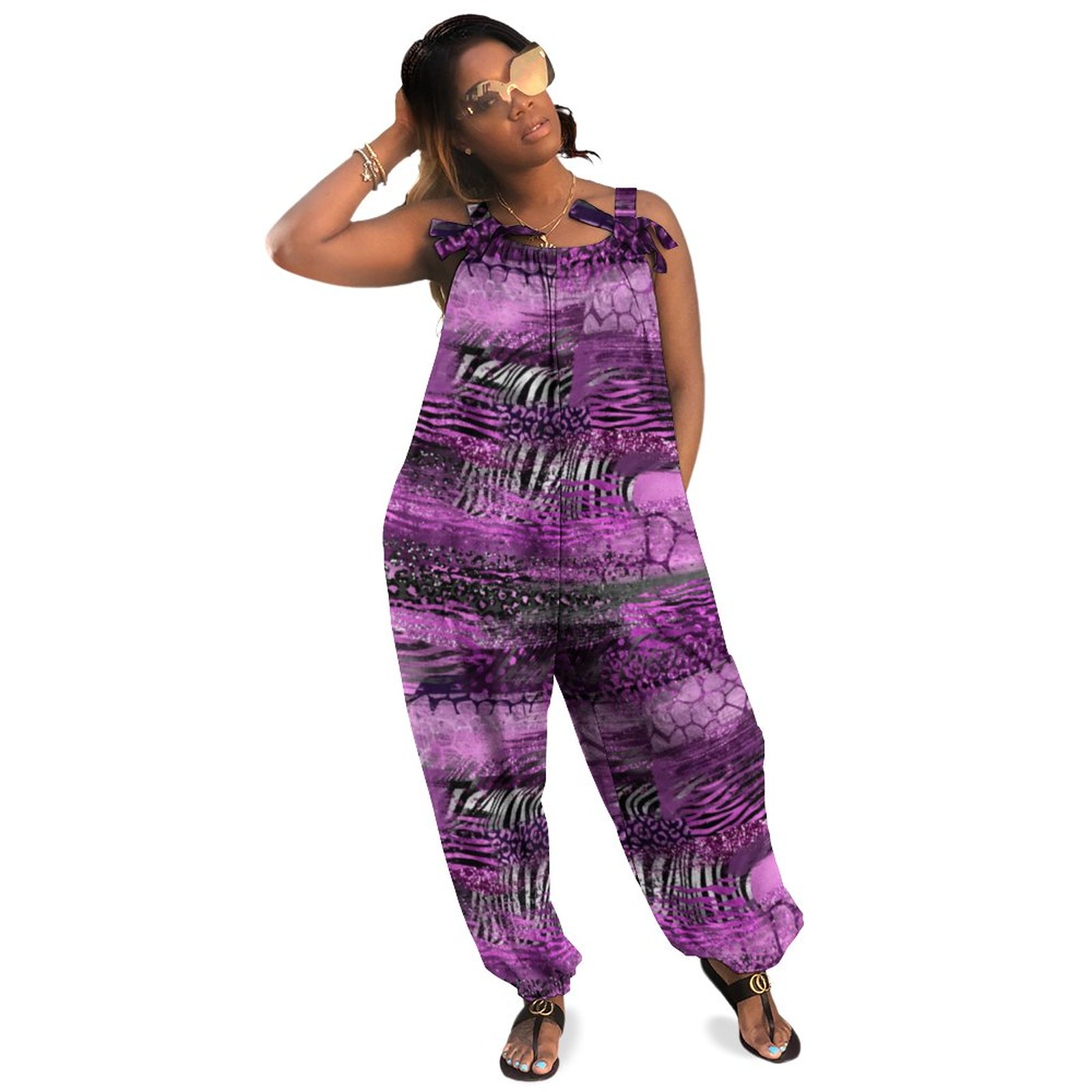 Chic Pink Animal Print Mix Abstract Patterned Women Plus Size Jumpsuit Summer Loose Harem Pants Spandex Romper Flowy Boho Casual Long Length Pockets