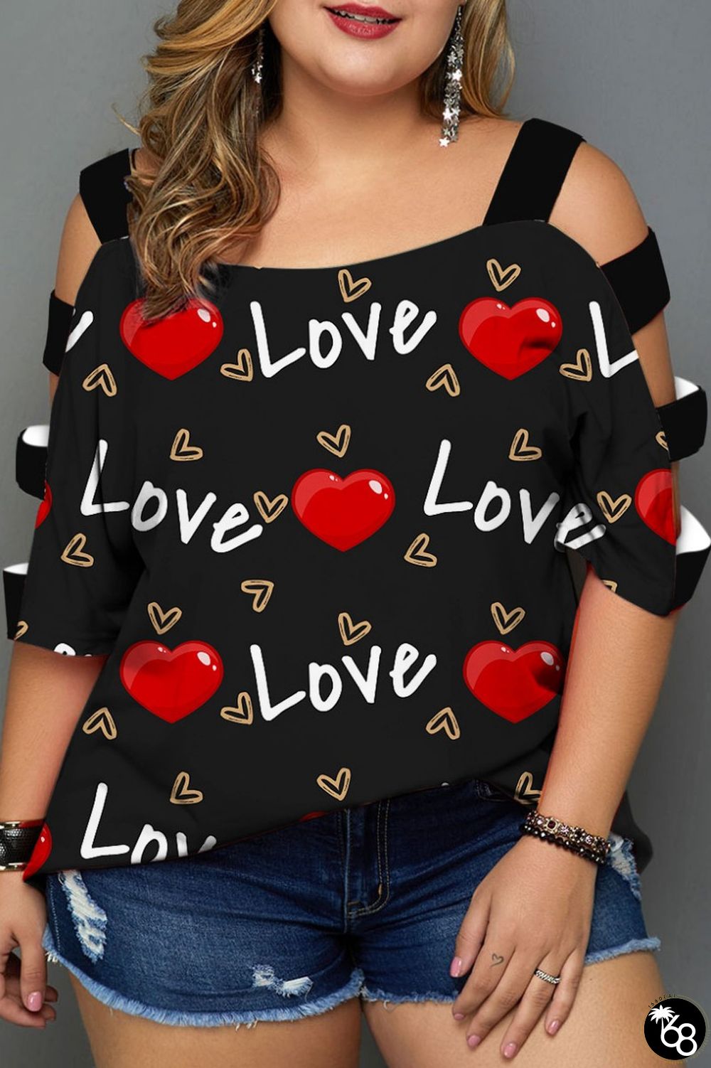 Plus Size Black Red Casual Print Hollowed Out Patchwork O Neck T-Shirts | 168DEAL