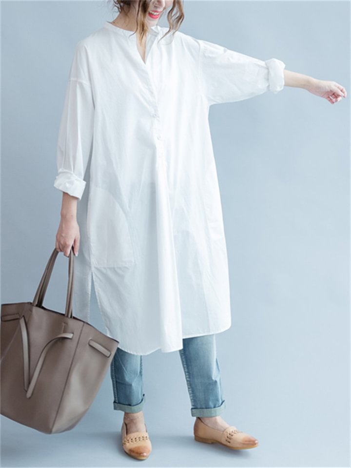 Casual Literary Two Side Slits Round Neck Open Button Long Shirt Dress -vasmok