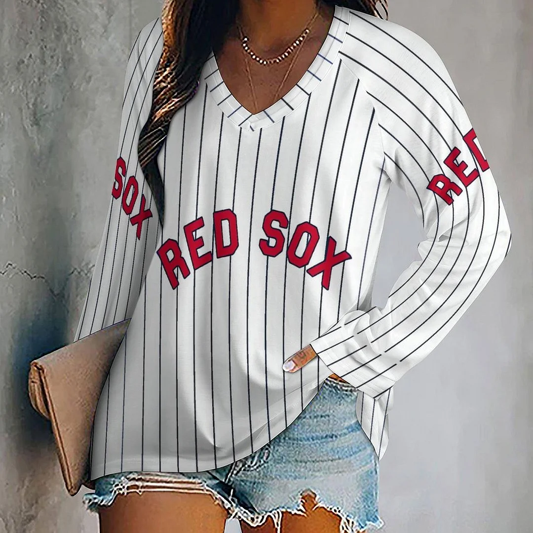 V-neck Long Sleeve Casual T-shirt for  Women and Men Printed with Pattern Striped, Blue, Red