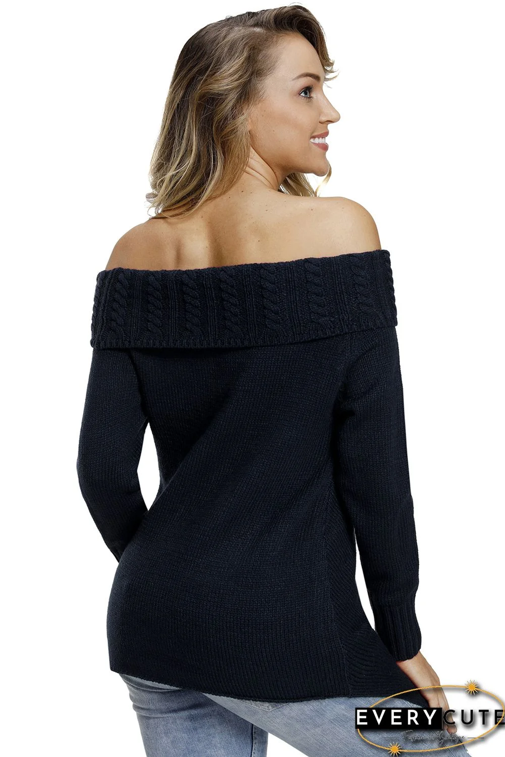 Navy Asymmetric Hemline Off Shoulder Sweater