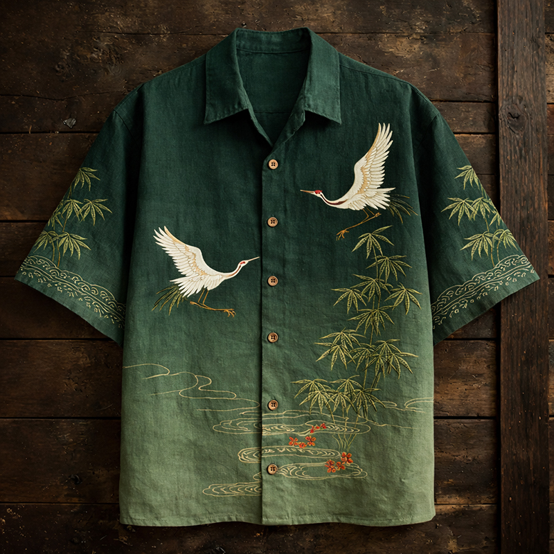 Men's Japanese-style Bamboo Cranes Pattern Linen Short-sleeved Shirt  artssus