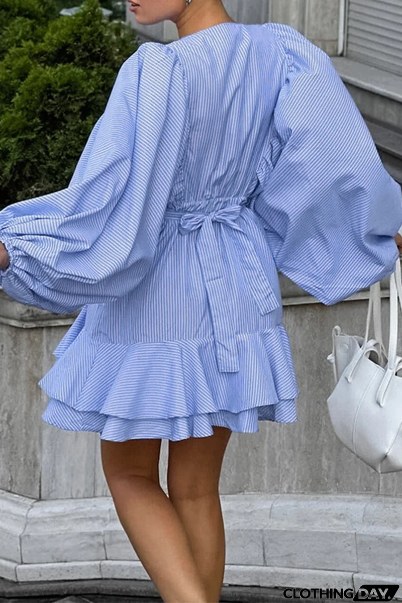 Elegant Striped Print Lace Up Buttons Ruffle O Neck A Line Dresses