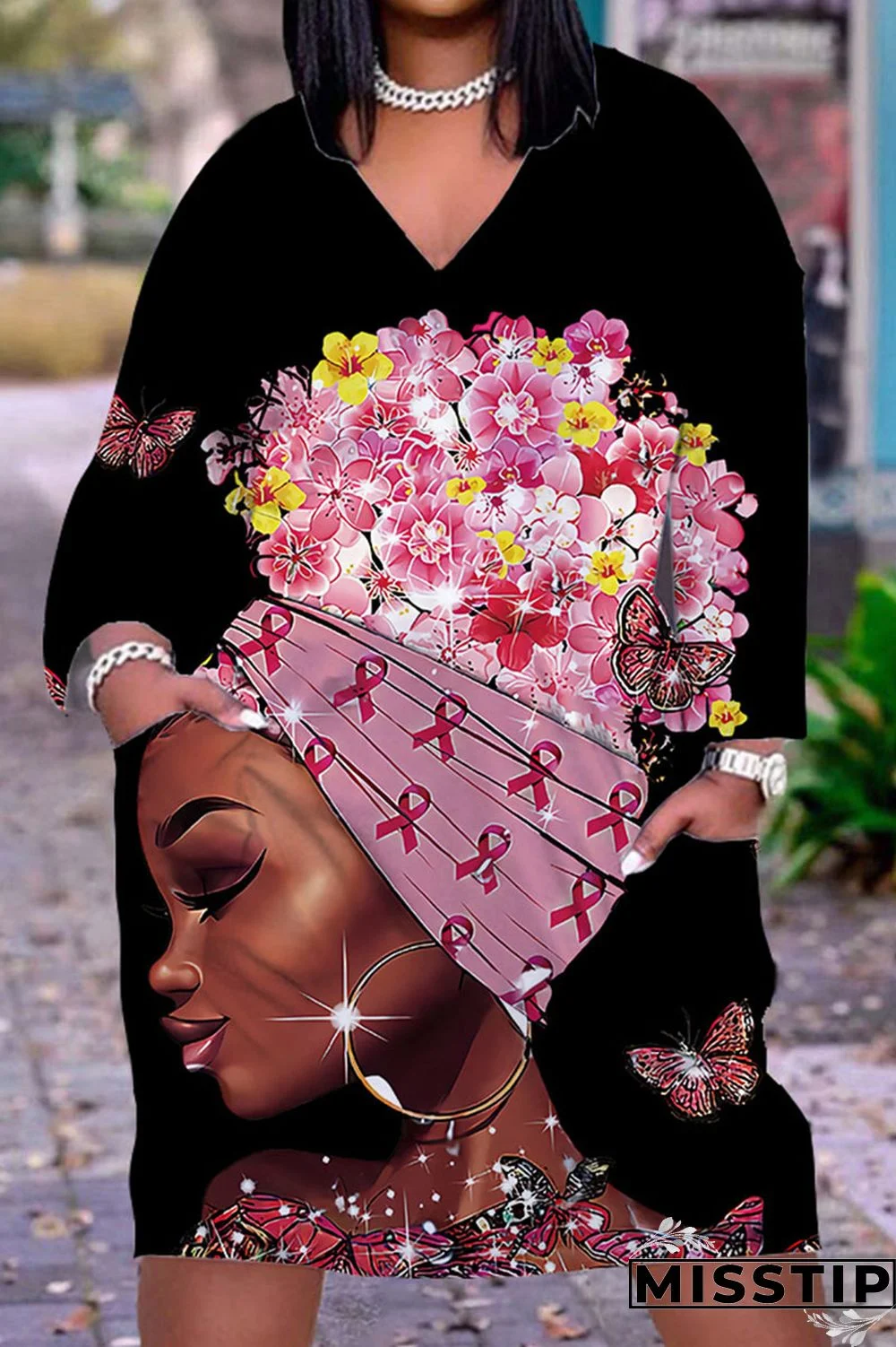 Gray Cyan Casual Print Patchwork V Neck Straight Dresses