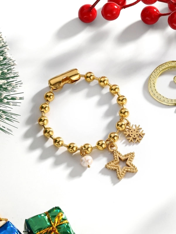 Casual Elegant Lady Santa Claus 304 Stainless Steel Freshwater Pearl 24K Gold Plated Freshwater Pearl Beaded Chain Bracelets In Bulk Christmas