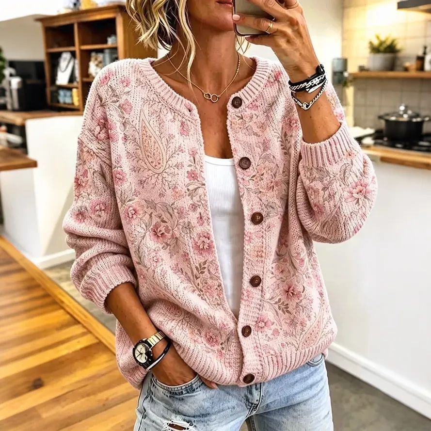Comstylish Women's Vintage Floral Print Cozy Knit Cardigan