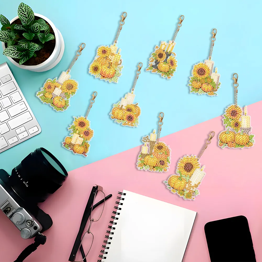 9pcs DIY Pumpkin Sunflower Candle Double Sided Special Shape Diamond Painting Art Keychains Pendant