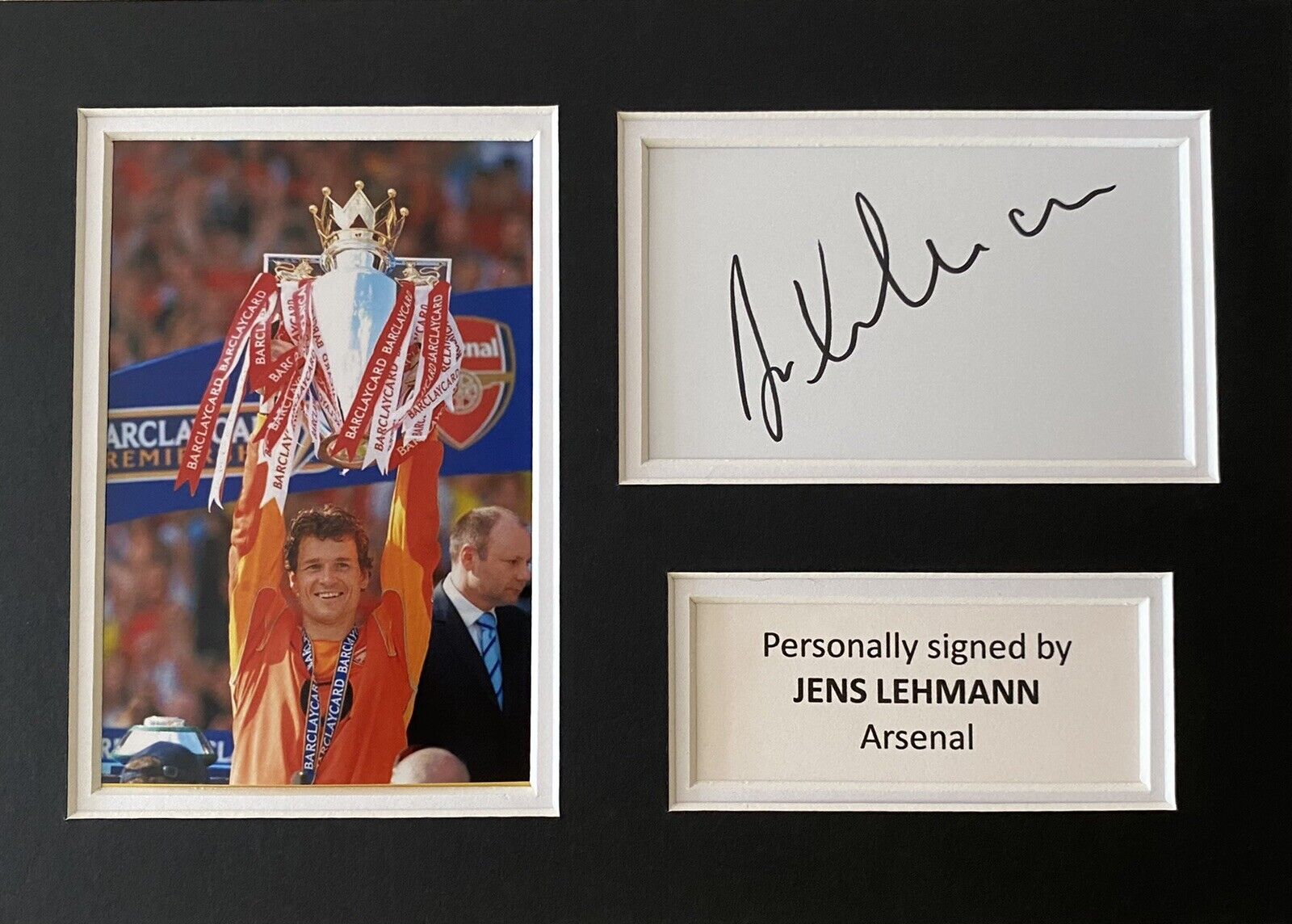 Jens Lehman Hand Signed White Card In A4 Arsenal Mount Display