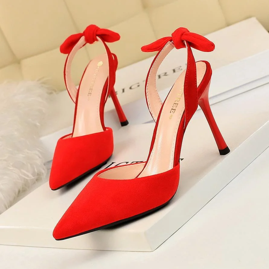 Fashion stiletto suede shallow mouth pointed toe hollow back strap small bow sandals