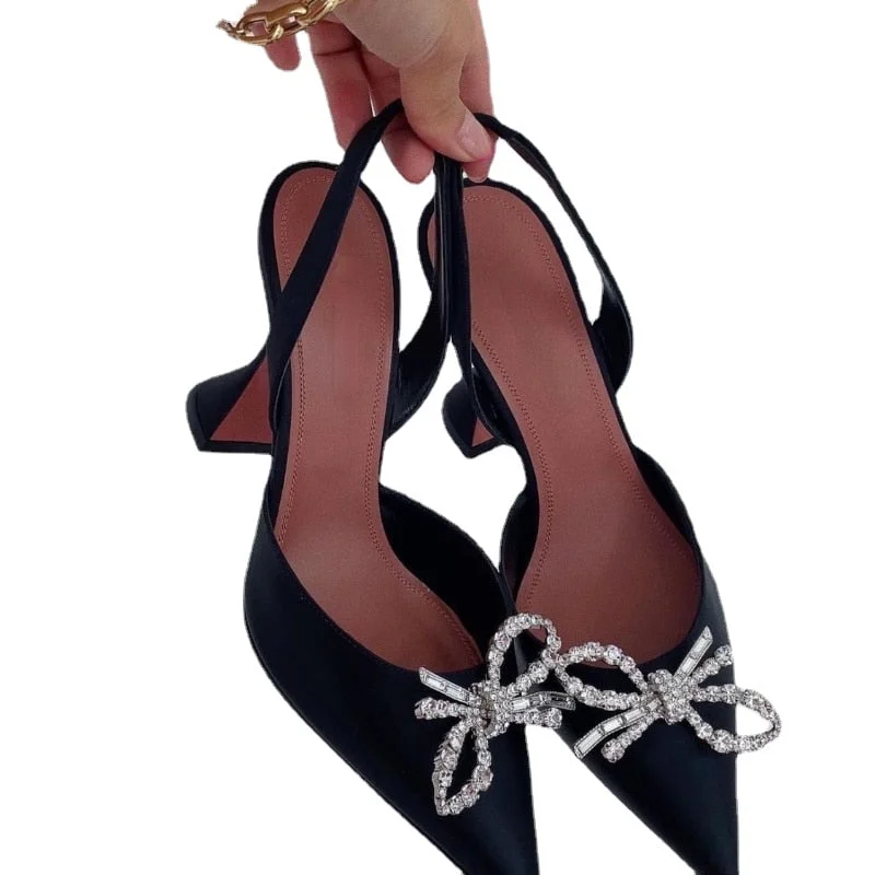 2021summer New Stiletto Heel Pointed Toe Strap High-Heeled Sandals Women's Rhinestone Bow Pumps