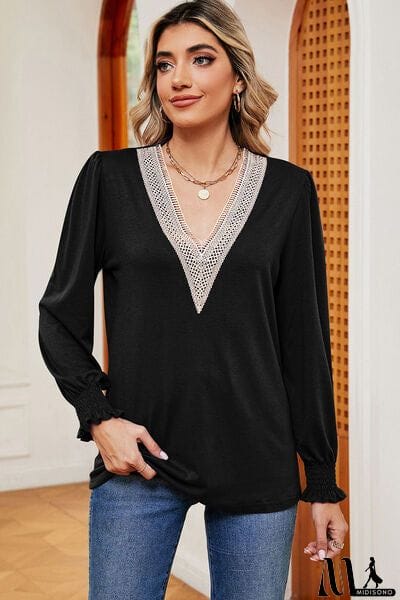 MidiSono - Lace Detail V-Neck Lantern Sleeve T-Shirt