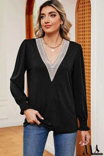 MidiSono - Lace Detail V-Neck Lantern Sleeve T-Shirt