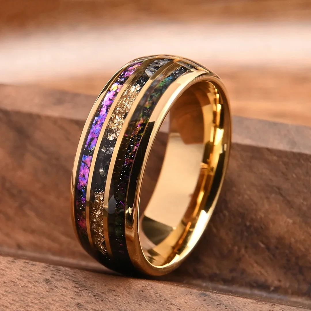 8MM Gold Electroplated and Inlaid Opal Gold Foil Tungsten Carbide Rings Spherical Wedding Comfort Fit Couple Rings