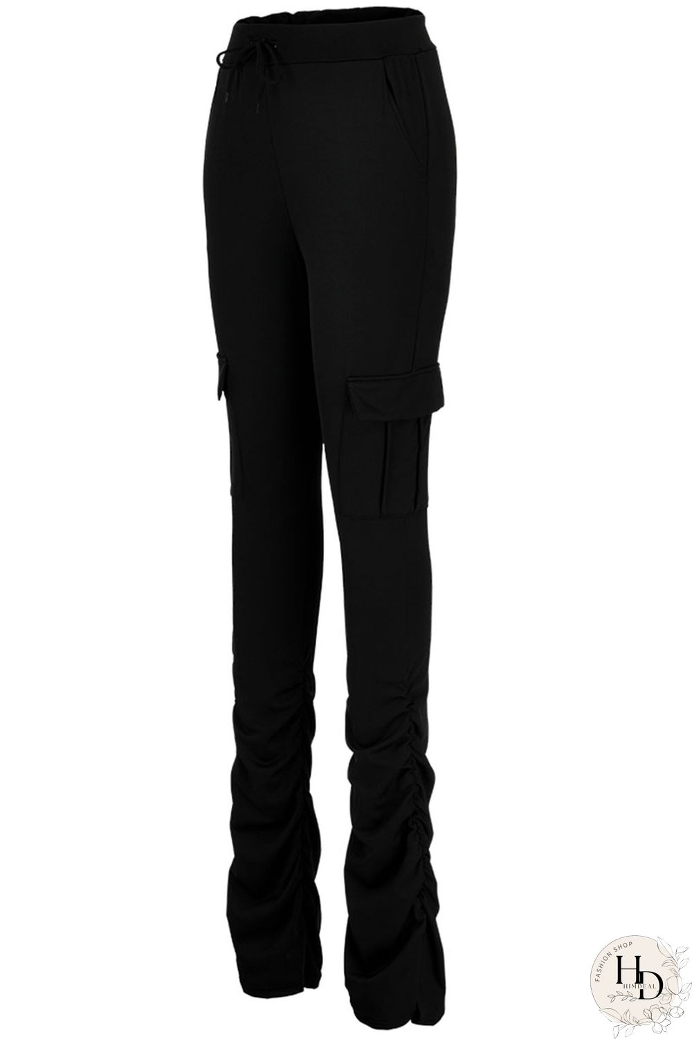 Yellow Drawstring High Solid Pocket Draped Boot Cut Pants Bottoms