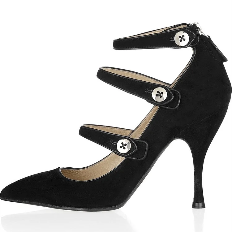 Black Vegan Suede Muti Straps Pointy Toe Stiletto Heel Mary Jane Pumps |FSJ Shoes