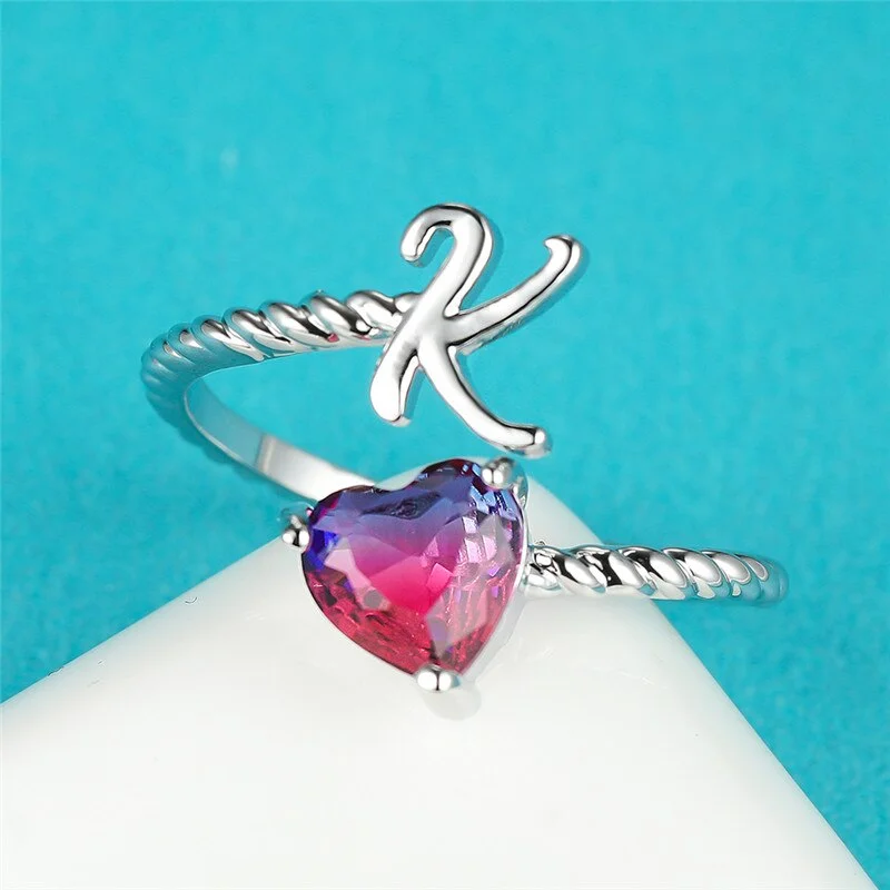 Luxury Female Rainbow Stone Adjustable Ring Classic Silver Color Engagement Ring Heart Letter K Crystal Wedding Rings For Women