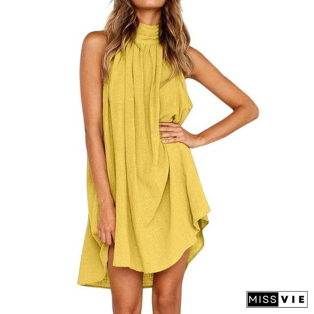 Summer Women Halter Sleeveless Sexy Fashion Dress Holiday Ladies Irregular Party Mini Dress