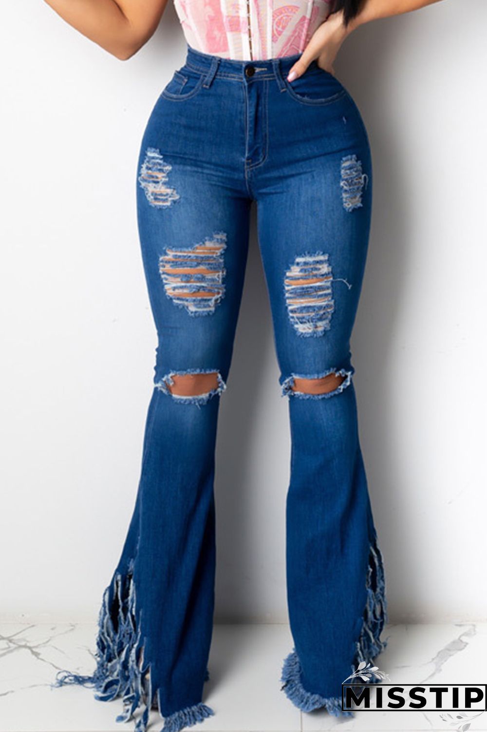 Dark Blue Denim Zipper Fly Mid Solid Tassel Hole Boot Cut Pants Bottoms