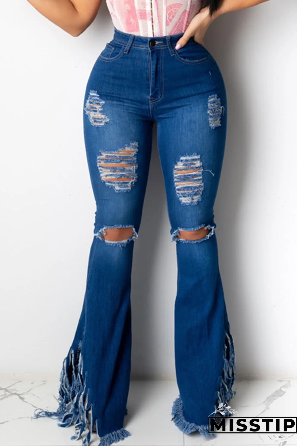 Dark Blue Denim Zipper Fly Mid Solid Tassel Hole Boot Cut Pants Bottoms