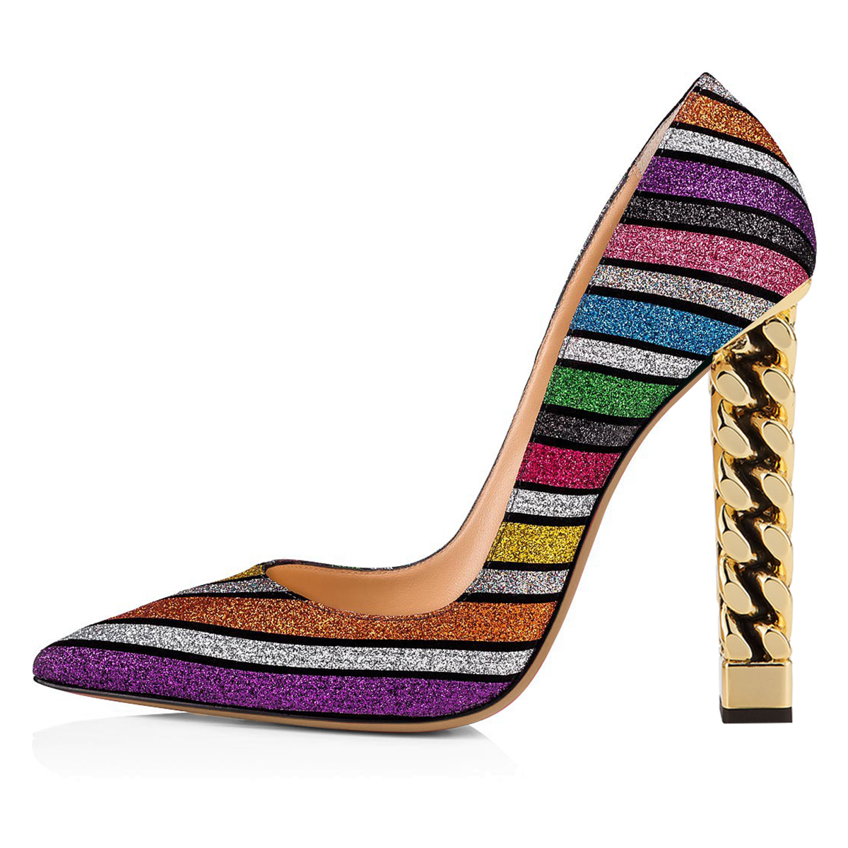 GOOSHOE Multicolor Metal Chunky Heel Festive Pumps