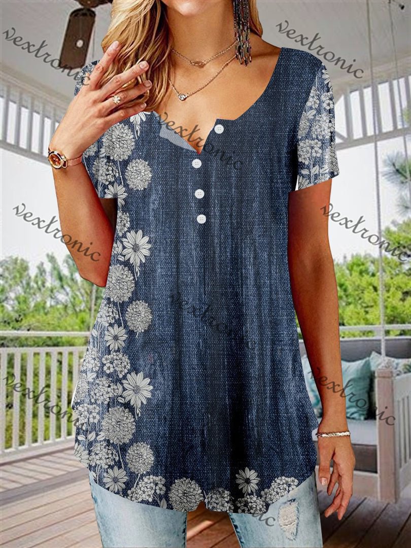 Women's Short Sleeve V-neck Floral Printed Button Top