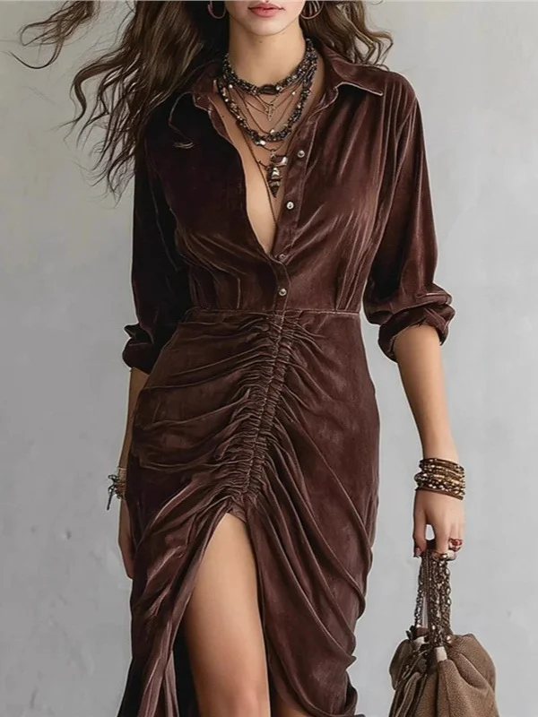 Athvotar Athvotar 2025 Fashion Button Folded Velvet Long-Sleeved Shirt Dress