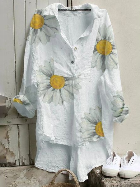 Daisy Printed Lapel Button Down Casual Top