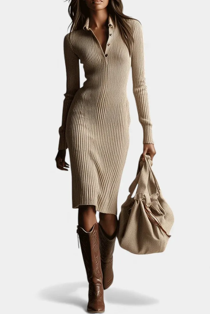 Structured Ribbed Knit Dress with Collar