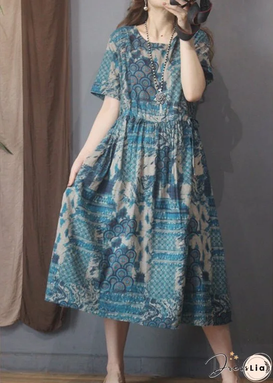 Style Blue O-Neck tie waist Print Linen Dress Short Sleeve