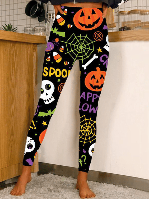 Women's Halloween Pumpkin Skull Fun Print Leggings