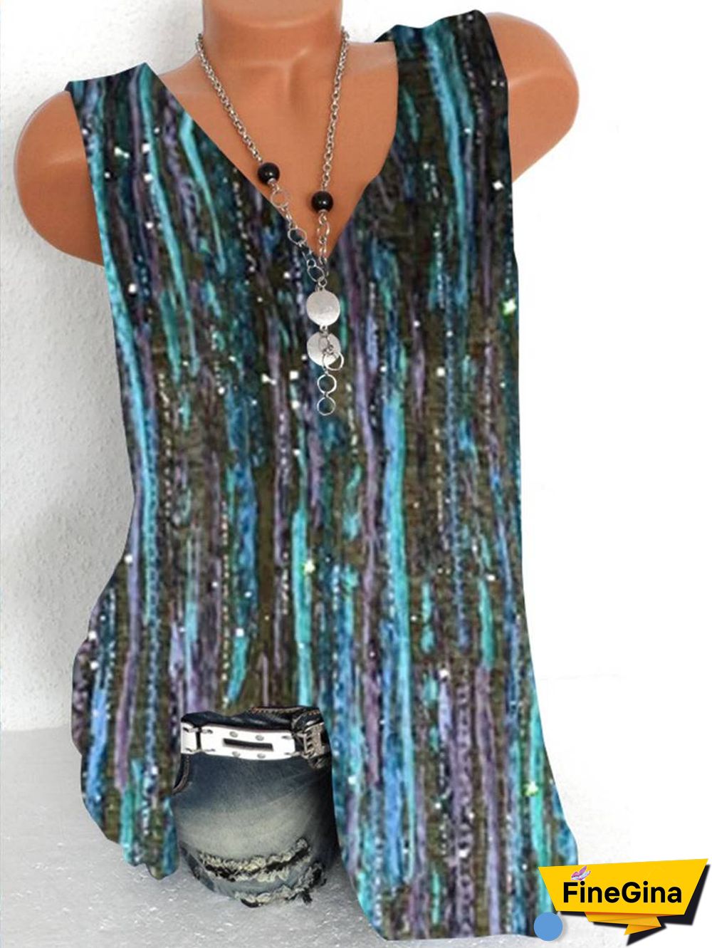 Women Sleeveless V-neck Striped Gradient Top