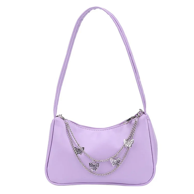 Fashion Women PU Underarm Bag Butterfly Chain Zipper Small Handbag (Purple)-Annaletters